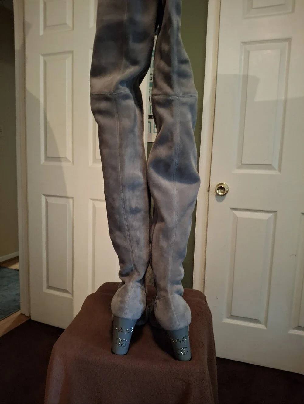 CHANEL Light Gray Suede Over-the-Knee Boots with Patent Toe Comes With Box.